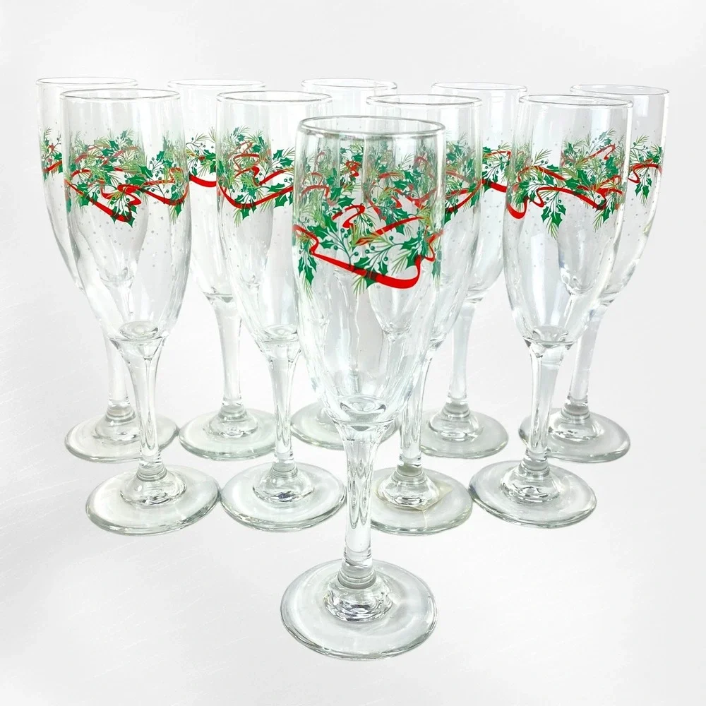 Libbey Christmas Champagne Flutes Set 10 Holly Ribbon Evergreen Snow 1990s